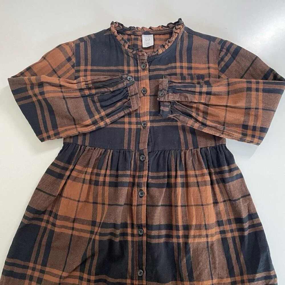 Gap Kids Girls 5Y Flannel Shirt Dress Black Brown Plaid Fall Button Up Soft